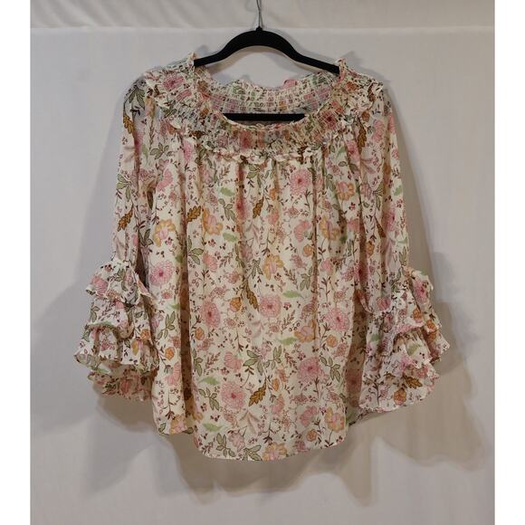 CeCe Size Large Pink Floral Ruffled Blouse Lined - Picture 1 of 5
